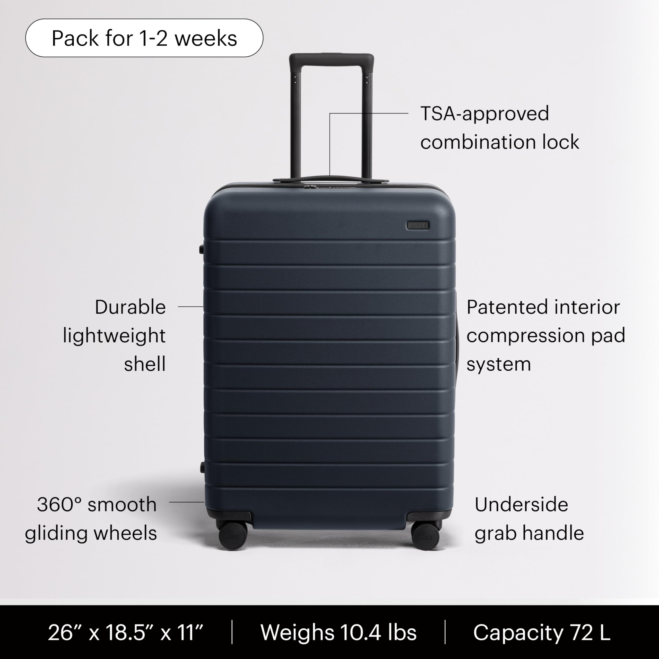Away Medium Checked Luggage - 26-Inch Lightweight Hardside Suitcase with Custom WhisperGlide 360° Wheels, Interior Compression System, TSA-Accepted Lock - Navy Blue