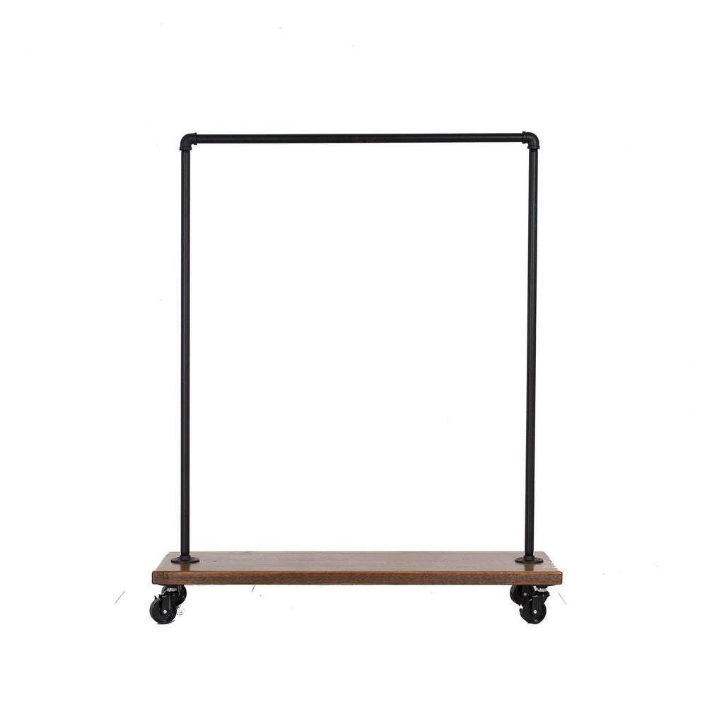 Industrial Pipe Rolling Clothing Rack with Solid Wood Shelf on Wheels by William Robert's Vintage