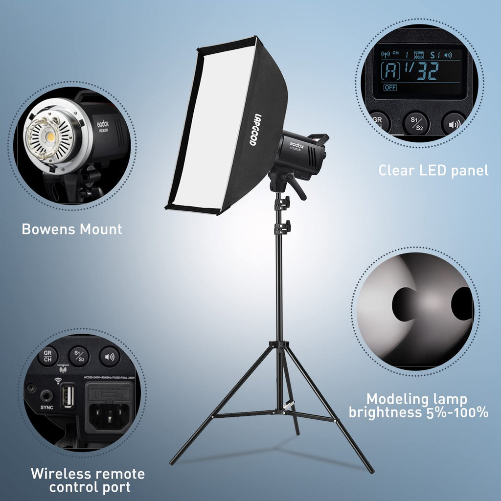 Godox MS300V Studio Flash Kit (2X 300W) with 2 Softboxes, 2 Light Stands, 2 Reflectors, LED Modeling Lamps, 2.4G Wireless X System, Bowens Mount – Ideal for Studio, Portrait & Fashion Photography