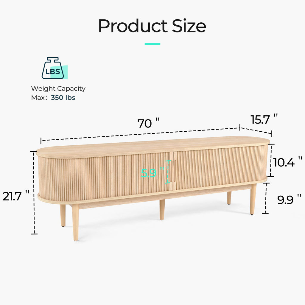 LINSY HOME 70" Fluted TV Stand for TVs up to 80 Inch, Mid Century Modern Entertainment Center with Storage Cabinet and Sliding Doors, Farmhouse Wood Media TV Console for Living Room, Bedroom, Oak