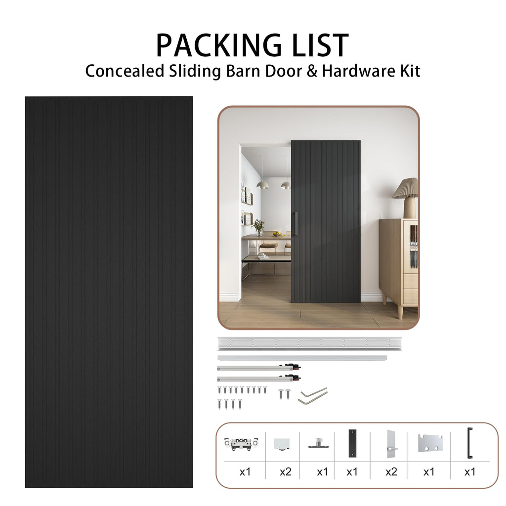 JUBEST 36"x84" Concealed Sliding Barn Door with Soft Close Hardware Kit, Black Hidden Door for Opening 32"-34"x80", Waterproof and Modern, Smooth Sliding, for Interior Using, Widely Used