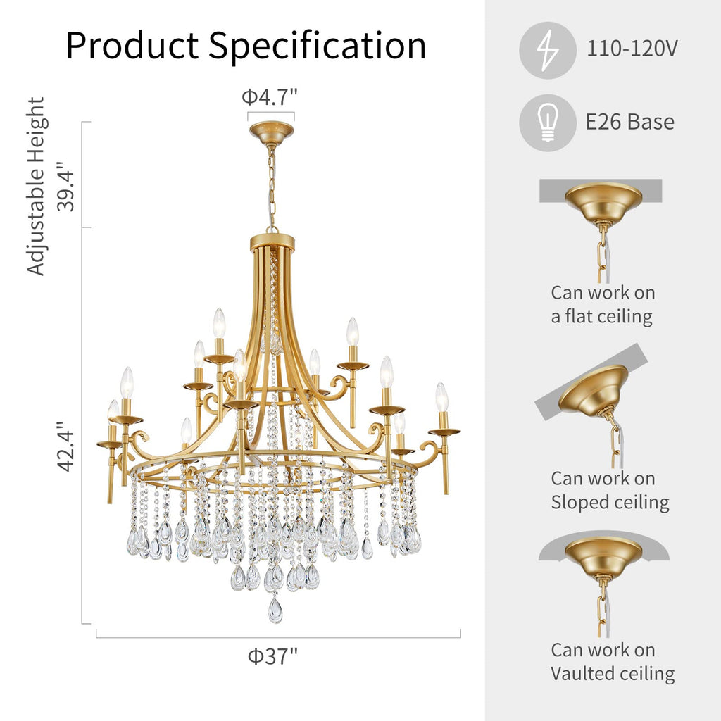 WUZUPS Candle Chandelier 12-Light Wagon Wheel Pendant Ceiling Light Modern Lighting Fixture for Bedroom Hallway Bar Kitchen Dinning Living Room Bathroom, Gold