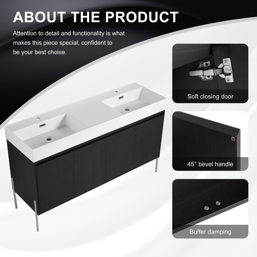 KEIKI 60" Freestanding Bathroom Vanity with Resin Double Sink, Modern Bathroom Storage Cabinet with Soft Closing Doors & Solid Metal Legs, 60 inches Double Sink Bathroom Vanity with 45° Bevel Handle