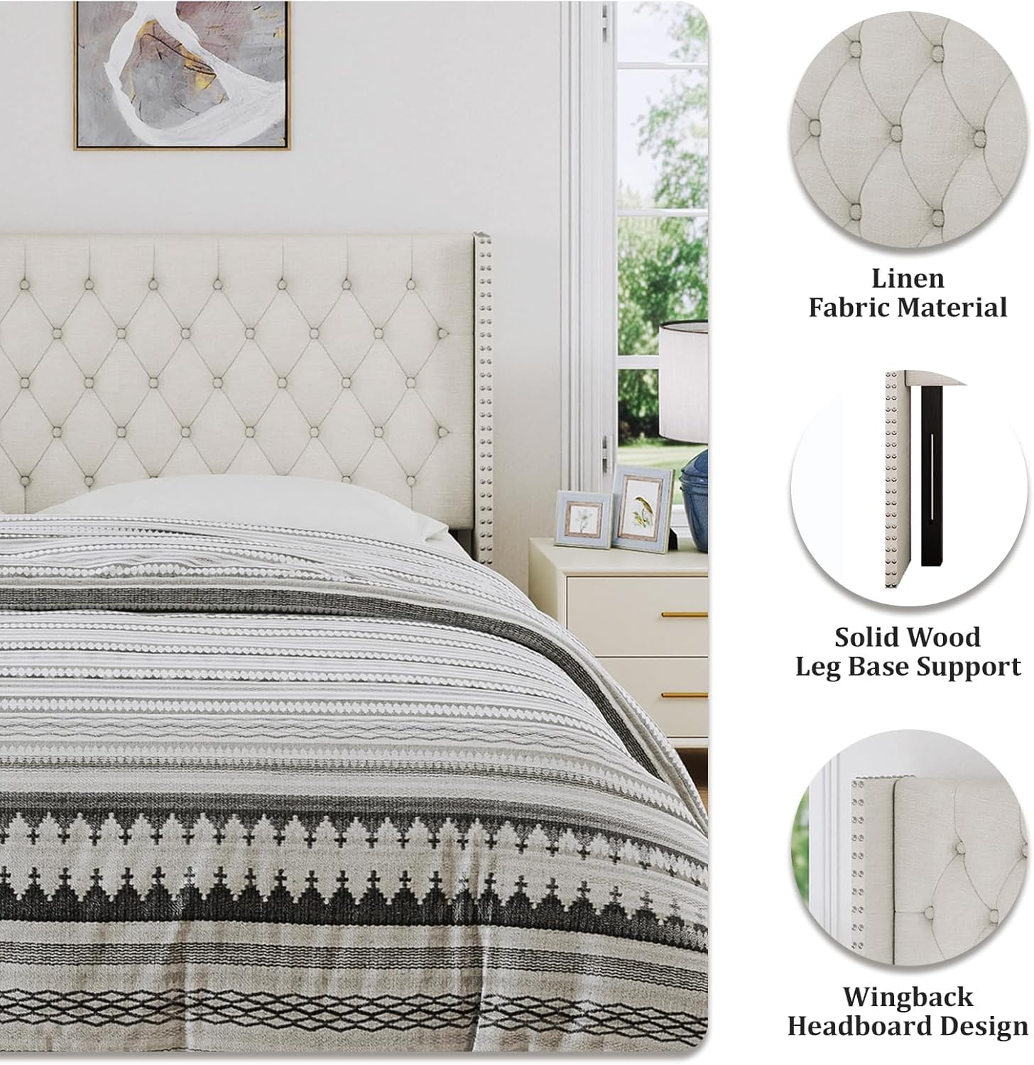 Furpopup King Size Headboard Only, Wingback Wall Mount Headboard King Size for Adjustable Bed Featuring High-Density Sponge Padding, Luxury Texture Easy Assembly Comfort and Style, Ivory