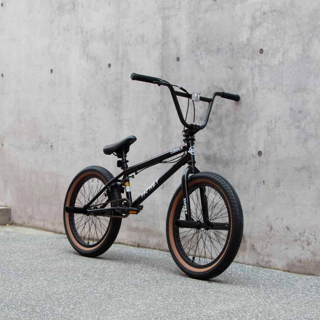 cubsala Freestyle BMX Bike, 20 Inch Yaphet Bicycle for Teen Beginner Adult Riders, Bike with 360° Rotating Handlebar and 4 pegs, Black with Brown Tire