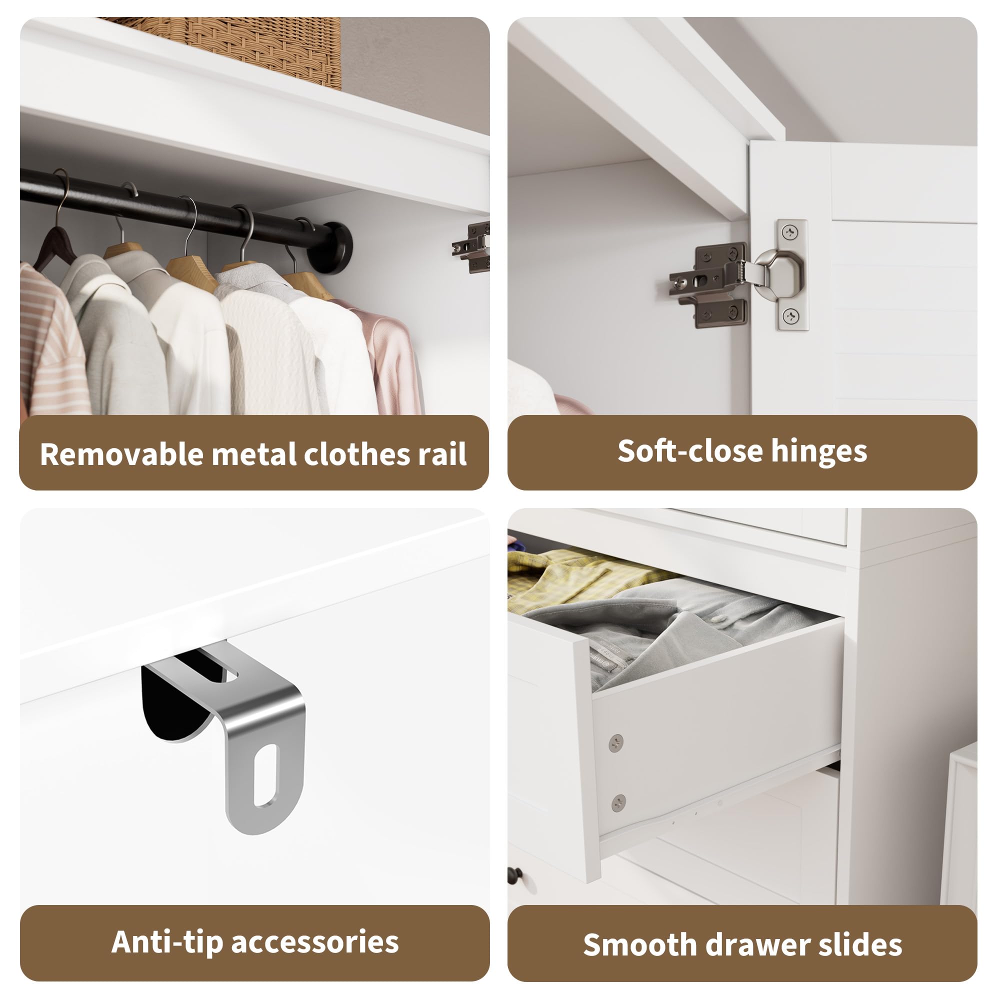 GarveeHome Armoire Wardrobe Closet with Drawers, 69.5 in Wooden Wardrobe Cabinet with Hanging Rod, 2 Doors Clothing Storage Cabinet for Bedroom, Large Capacity Storage, Louvered Door, White