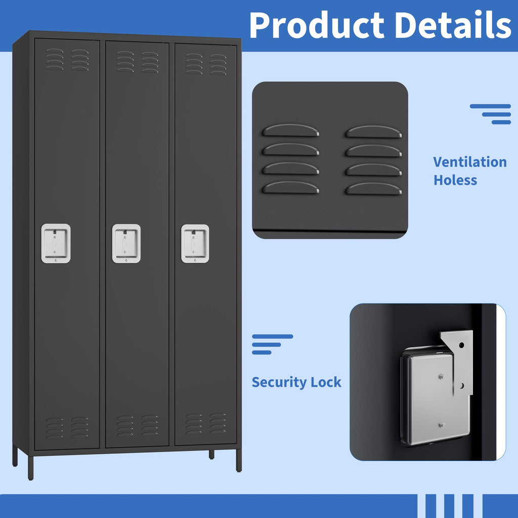 3 Doors Employee Lockers for Office, Metal Sorage Locker Combination, Lockable Employees Metal Locker With Door, Industrial Storage Lockers for Home, School, Gym