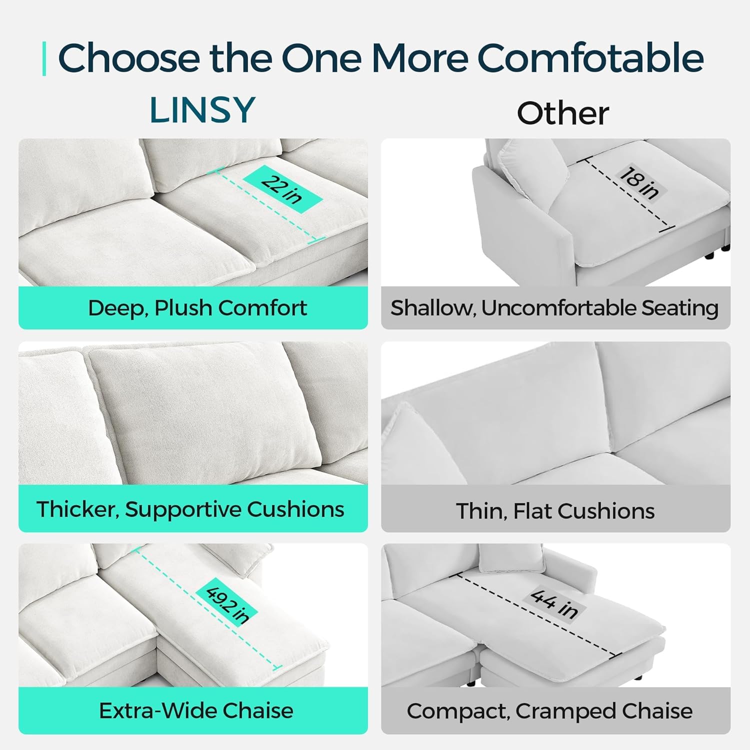 LINSY HOME Modular Sofa Chaise Lounge, 65" Cloud Sofa Bed Lounge with Armrests, Chenille Sleeper Sofa for Living Room, Apartment, Home Theater, Beige