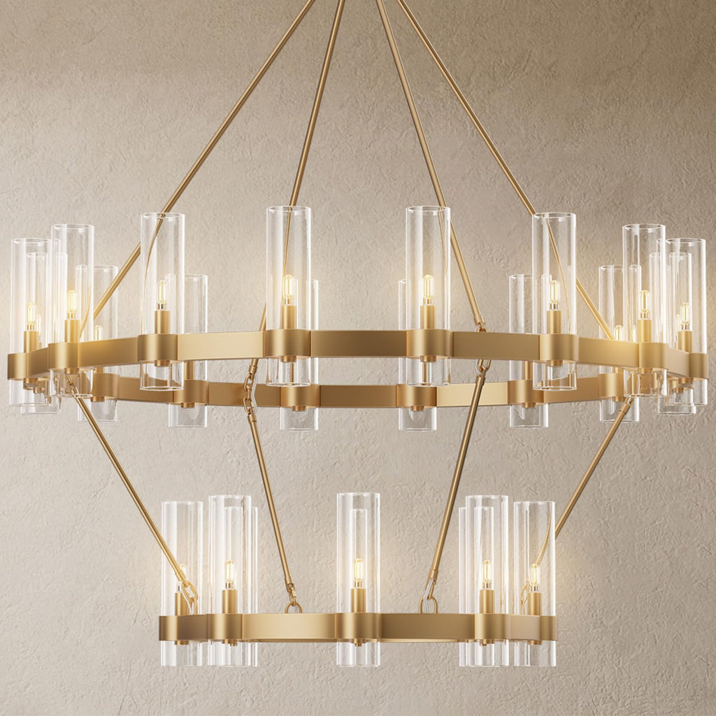 YIOSI 48" Gold Chandelier, 2 Tier Wagon Wheel Chandelier with Glass Shade, 24-Lights Large Round Modern Farmhouse High Ceilings Pendant Lighting Fixture for Dining Room, Living Room, Kitchen, Foyer