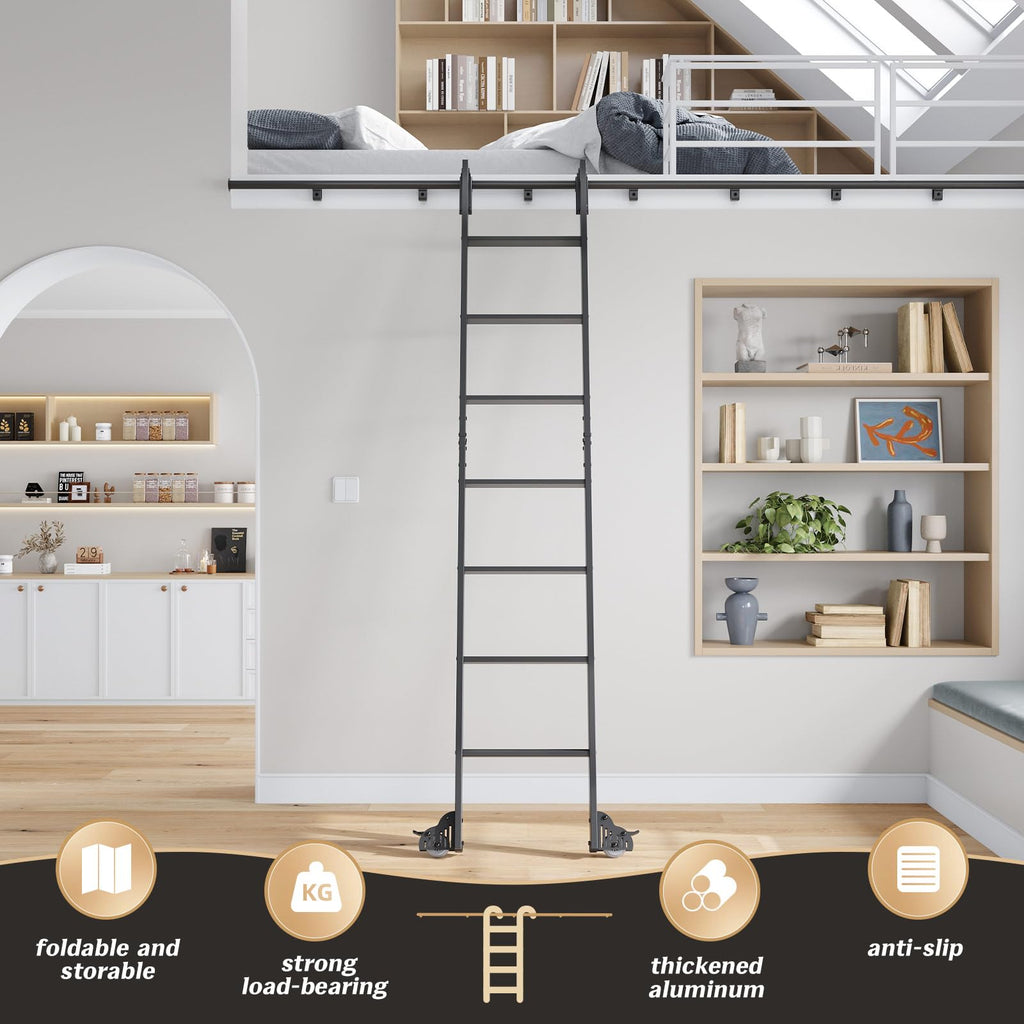 Fredbeck 8ft Rolling Library Aluminium Step Ladder 96" with 4FT Sliding Hardware Track Kit Bottom Wheel Included,for Kitchen,Loft,Warehouses,Bookstore,Atti,Dressing Room,Metal Black