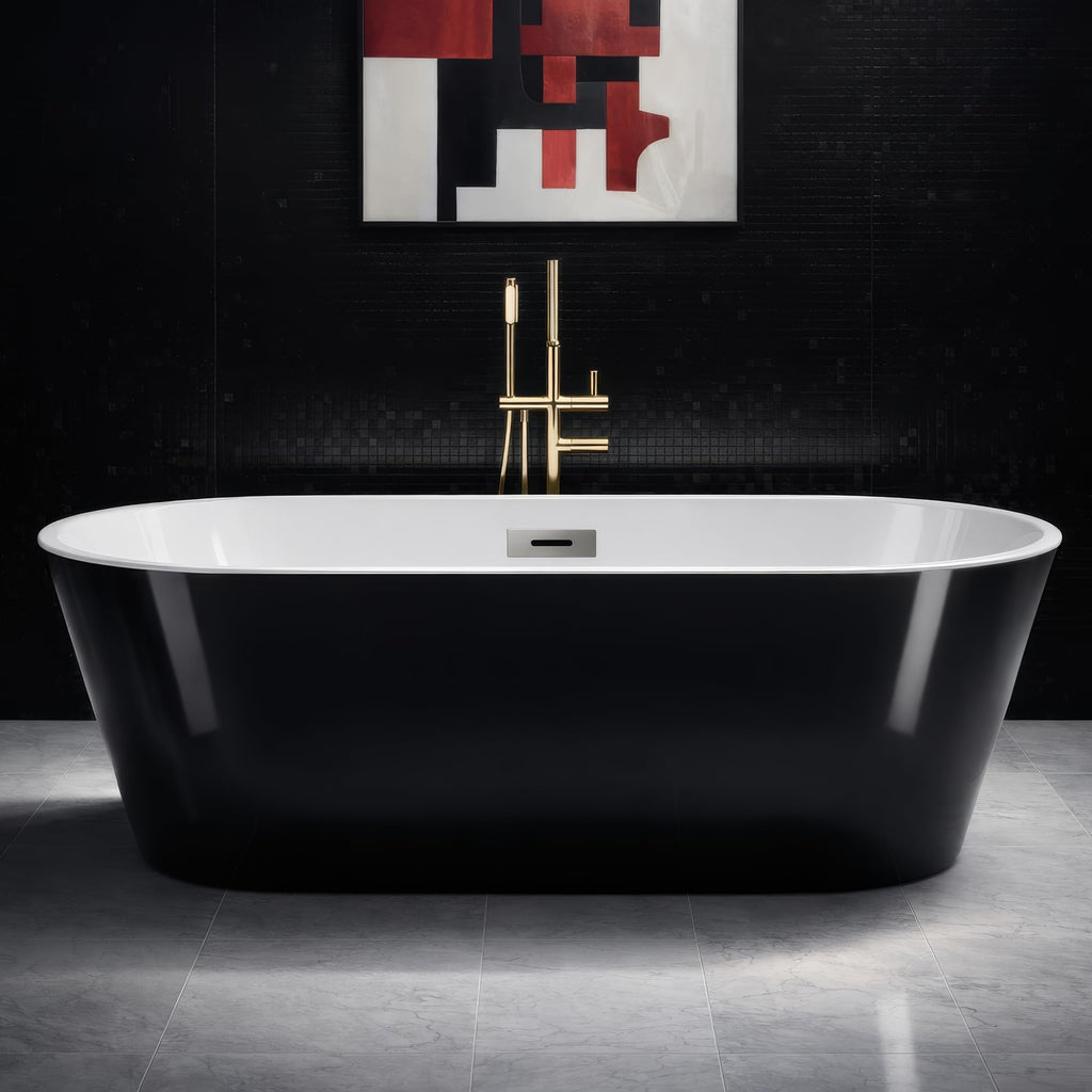 59" Free Standing Tub, Acrylic Soaking Bathtub, Stand Alone Freestanding Tub with Matte Sliver Drain and Overflow, Contemporary Bathtub for Bathroom, Black