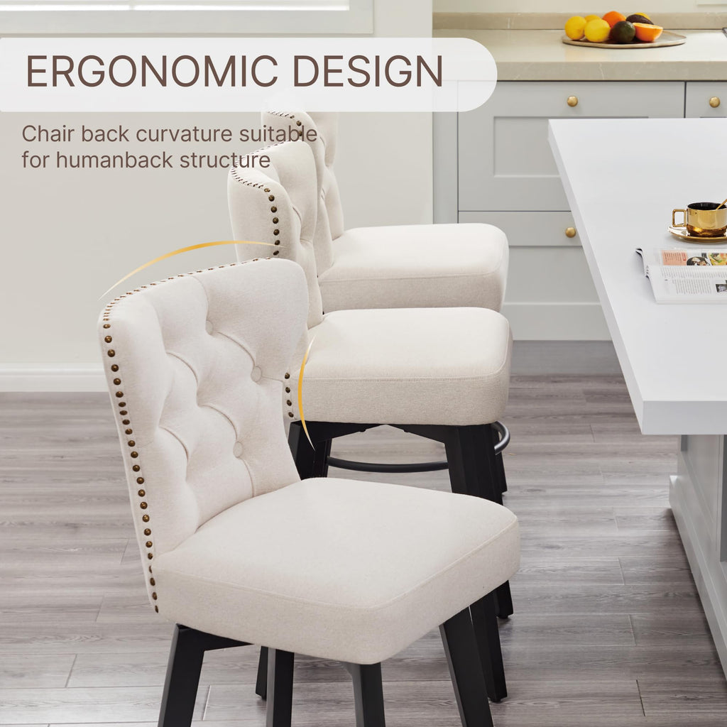Counter Height Barstools 26 inch Upholstered Button Tufted Swivel Bar Stools with Back and Wood Legs for Kitchen Island,Set of 2,Beige Fabric-Nailhead Trim