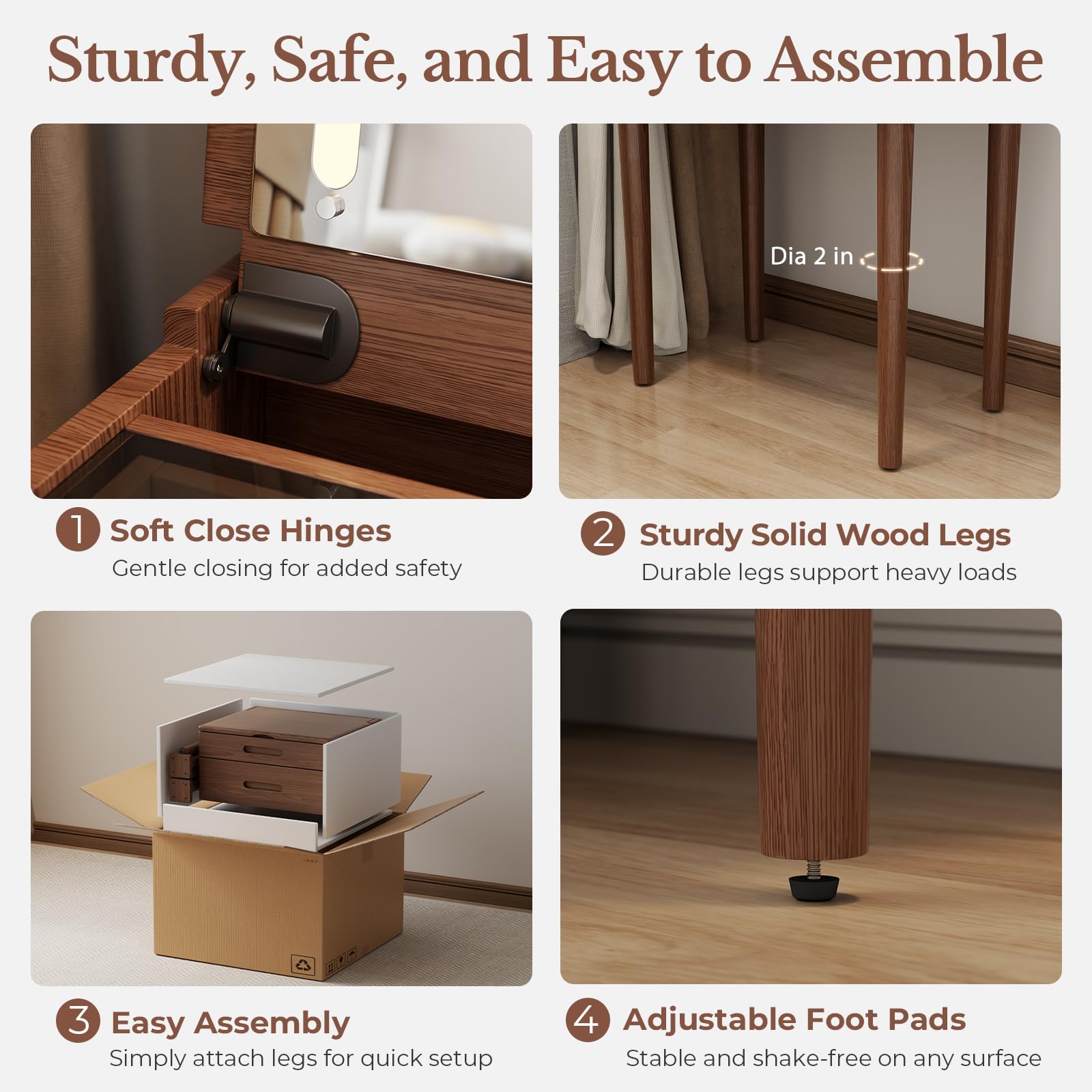 Muwuele Solid Wood Small Vanity Desk with Mirror and Lights, Narrow Makeup Vanity for Small Space, Flip Top Vanity Side Table, 3 Color Modes & Adjustable Brightness, 19.6" Slim Dressing Table, Walnut