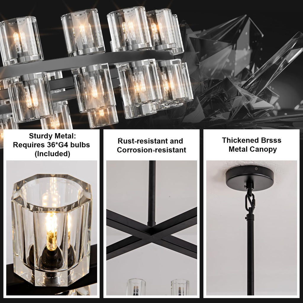 Plsintly Modern Black Crystal Chandelier,36" K9 Crystal Chandeliers for Dining Room Over Table,Wagon Wheel Chandeliers for Dining Room,Living Room,Foyer,Includes 36XG4 Bulbs