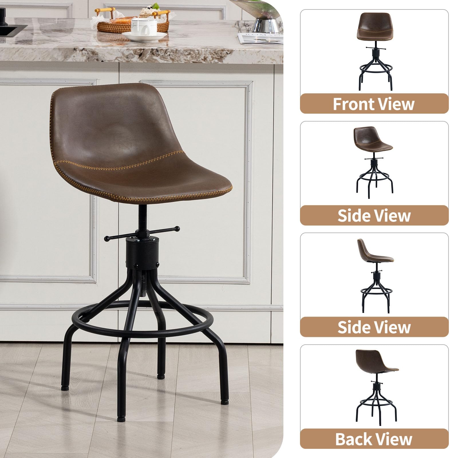 CHIDOCHILO Bar Stools Set of 3, Adjustable Armless Kitchen Island Barstools with Back 26 Inch Swivel Faux Leather Industrial Counter Height Bar Chairs for Dining Room Home Bar D087-Brown-3