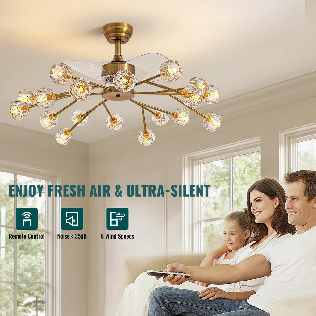 Siljoy 18 Lights Modern Crystal Ceiling Fan Light and Remote Control, Farmhouse Brass Gold Sputnik Crystal Fandelier, Reversible Ceiling Fan Light Kit for Living Dining Room Bedroom 42 Inches