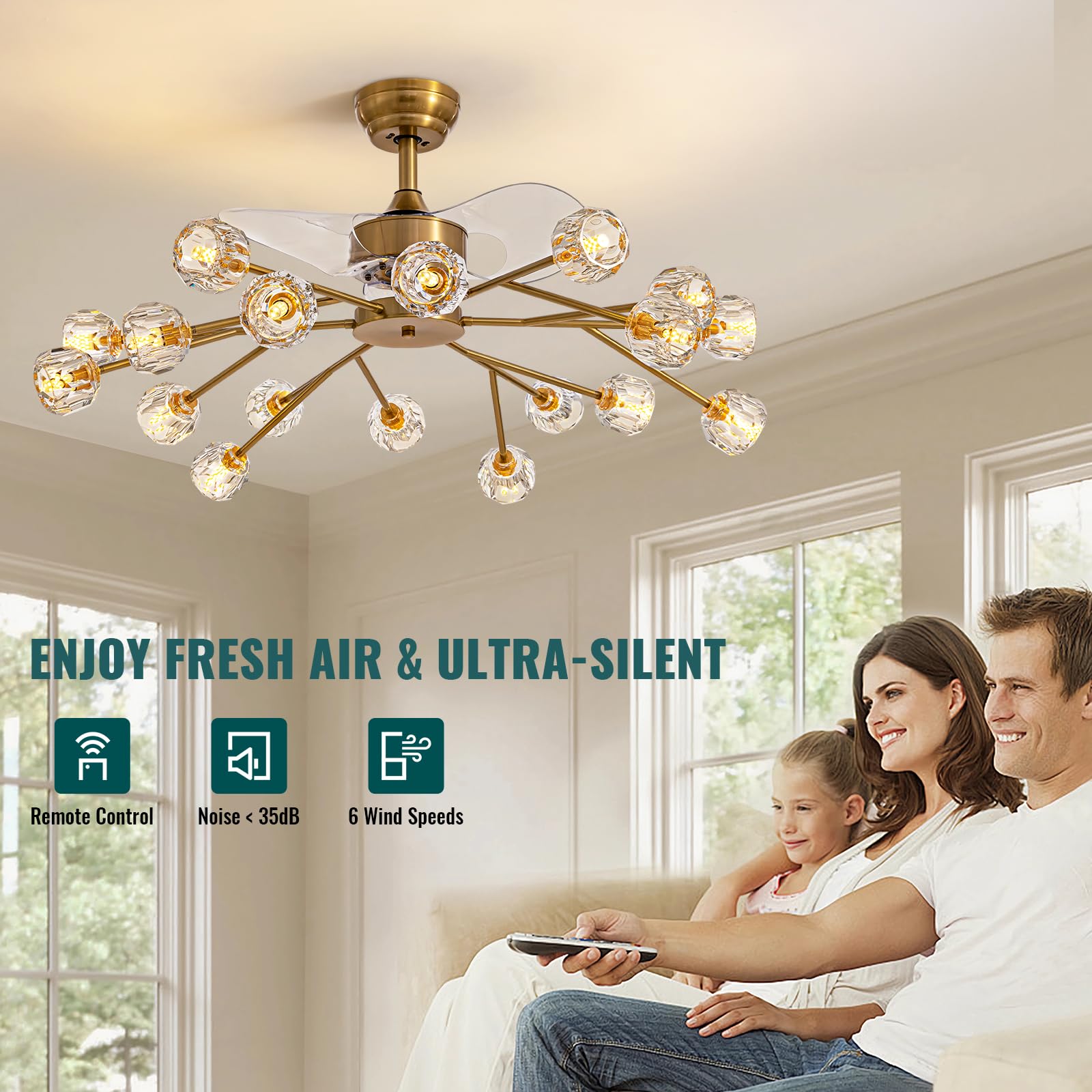 Siljoy 18 Lights Modern Crystal Ceiling Fan Light and Remote Control, Farmhouse Brass Gold Sputnik Crystal Fandelier, Reversible Ceiling Fan Light Kit for Living Dining Room Bedroom 42 Inches