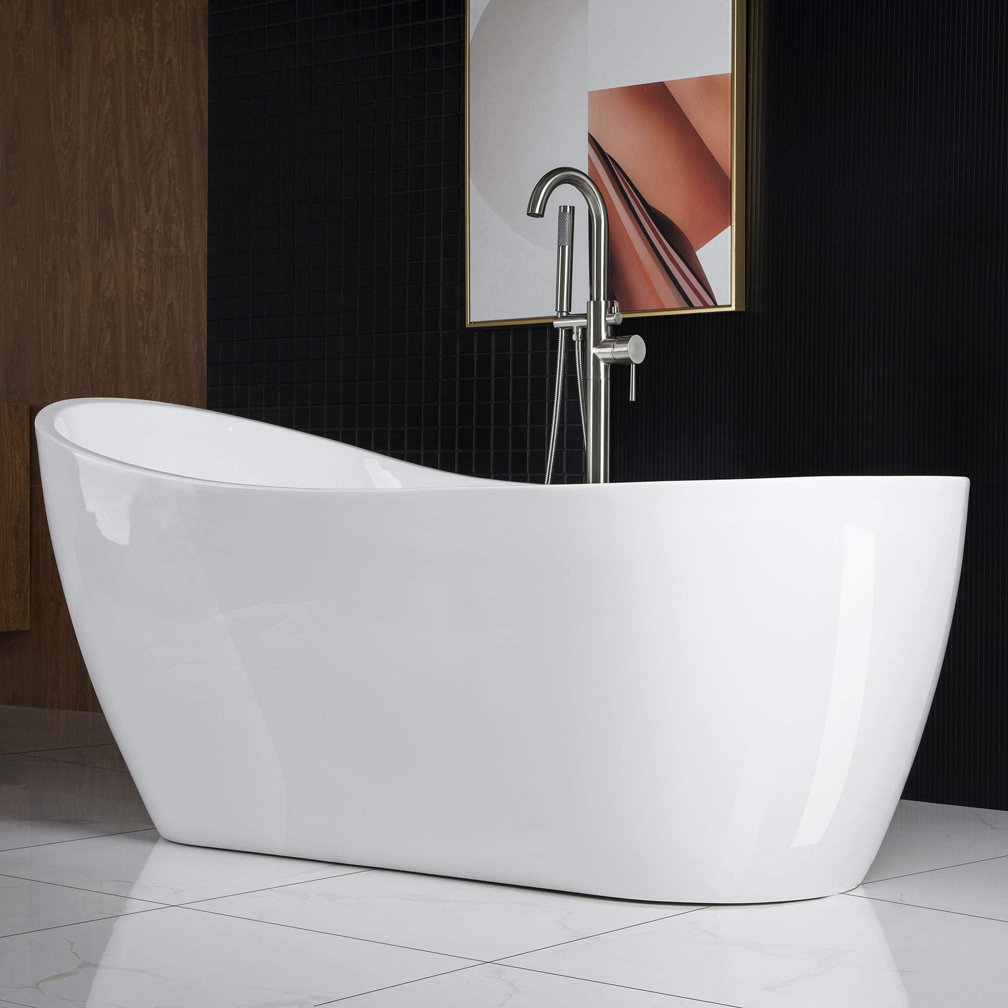WOODBRIDGE 67" Acrylic Freestanding Bathtub Contemporary Soaking White Tub with Brushed Nickel Overflow and Drain，B-0001-BN