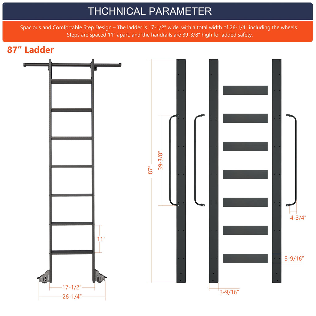 HARDJULAN 87" Telescopic Sliding Library Ladder with Handrail – Lightweight Aluminum Rolling Ladder with Braking Wheels, 3.3FT Hook Ladder Track Kit for Home, Loft, and Bookshelves