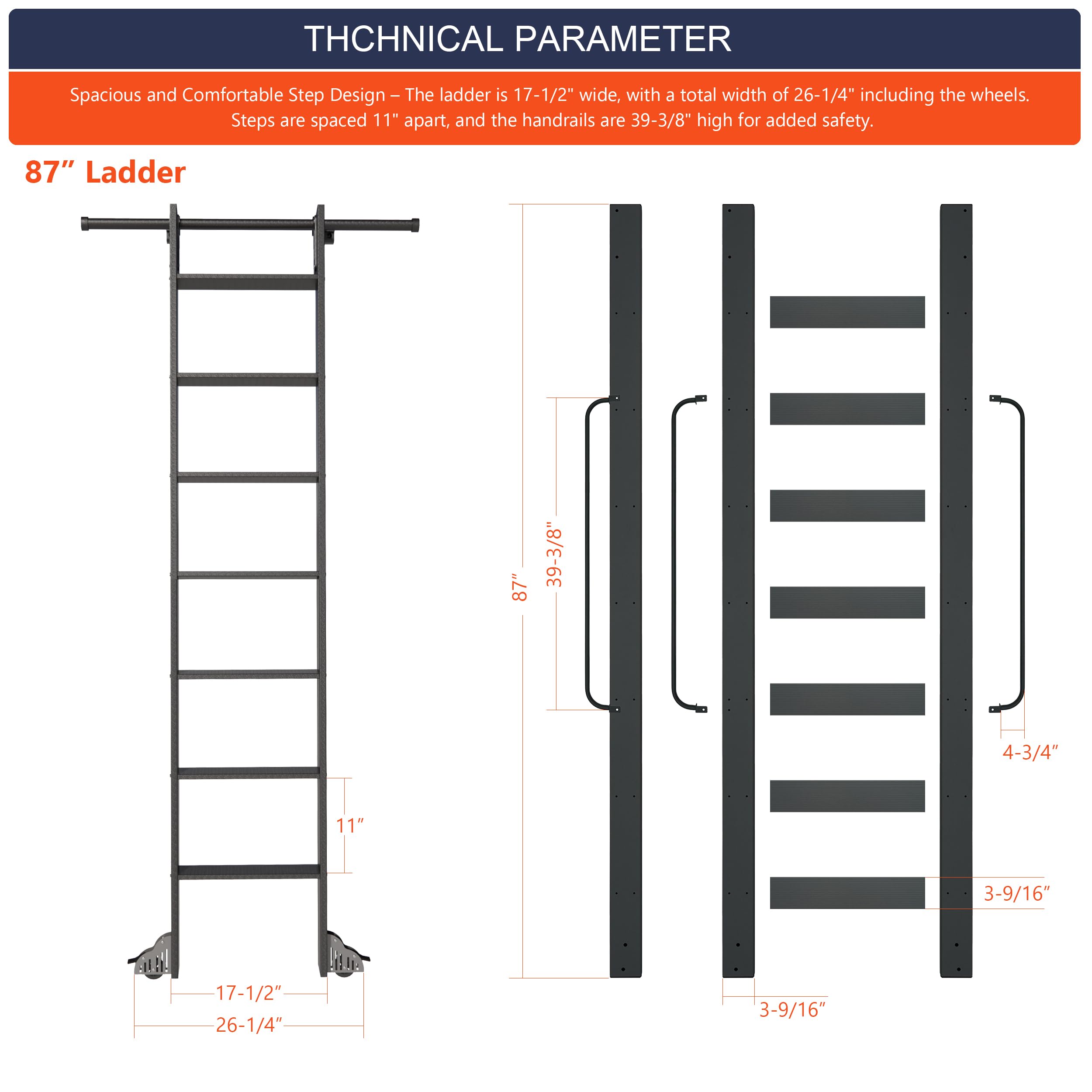 HARDJULAN 87" Telescopic Sliding Library Ladder with Handrail – Lightweight Aluminum Rolling Ladder with Braking Wheels, 3.3FT Hook Ladder Track Kit for Home, Loft, and Bookshelves