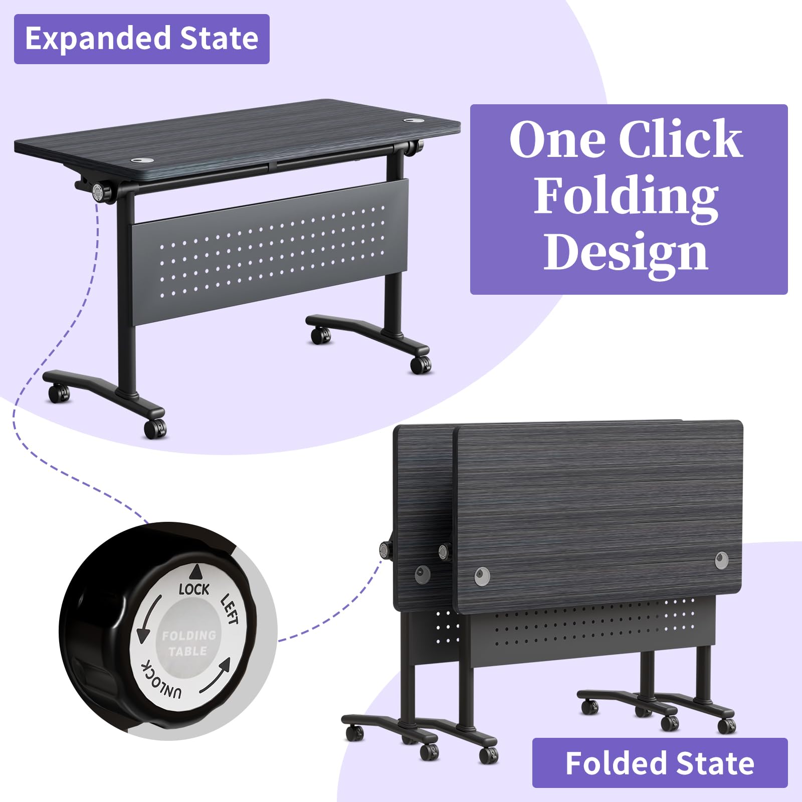 JNMDLAKO Folding Conference Room Table for 6-12 Person, Modular Mobile Large Flip-Top Training Table with Locking Wheels, Modern Rectangular Seminar Meeting Tables for Office (6, Black, 47.2in)