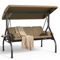 Patiomore 3 Seat Outdoor Porch Swing Chair, Adjustable Canopy Swing Bench, Convertible Backrest Swing Bed with Thicken Cushions, Pillow & Cup Hold (Beige)