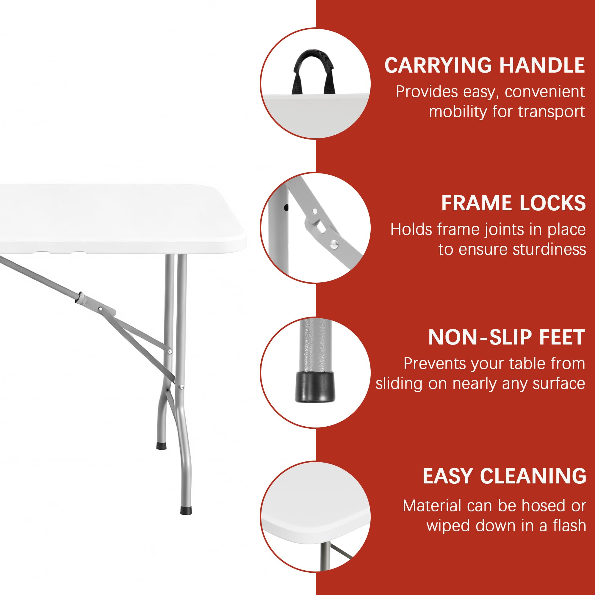 Elevon 6FT Folding Tables – Heavy Duty Portable Foldable Table with Built-in Handle, 300 lb Capacity – Ideal for Events, Parties, Crafts, Camping & Dining (4-Pack)