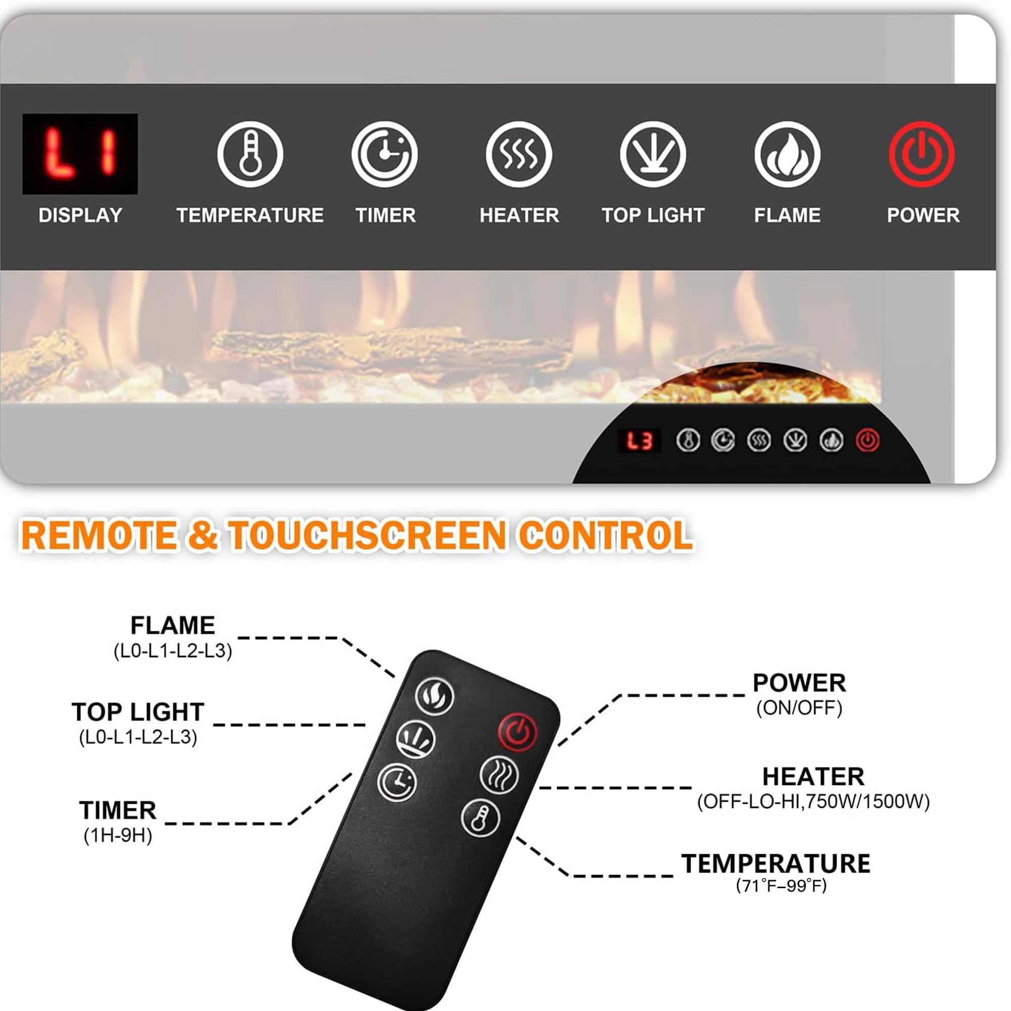 88" Electric Fireplace, Recessed/in-Wall or Wall Mounted, Large Linear 80-90", Ultra-Narrow Frame, 3 Flame Colors & Top Lighting, Timer, Remote, Log & Crystal Media, 1500W Heater