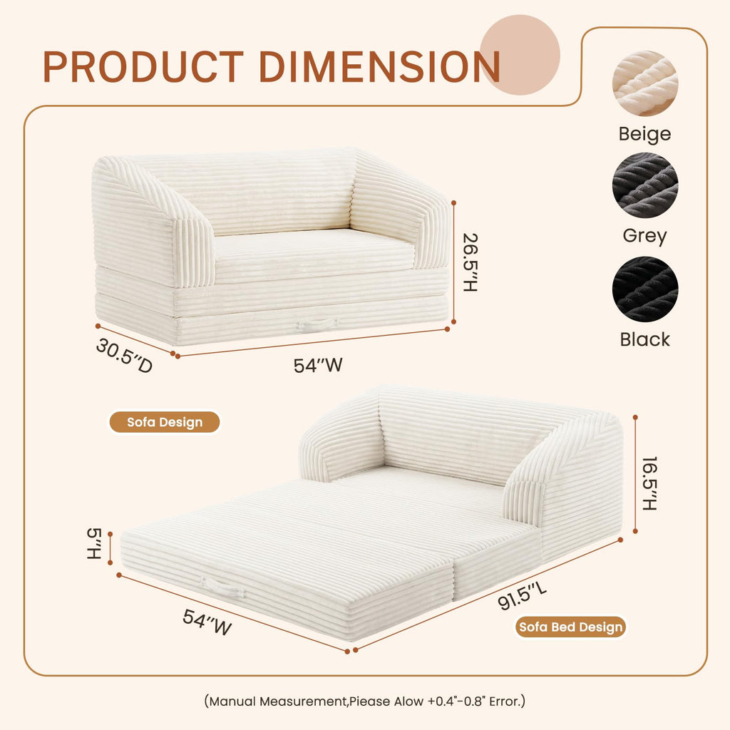 Convertible Boneless Loveseat Sleeper Sofa Bed, Folding Oversized Bean Bag Couch, Comfy Sofa Chairs for Adults with Filling, 54'' Futon Couch Bed, Beige