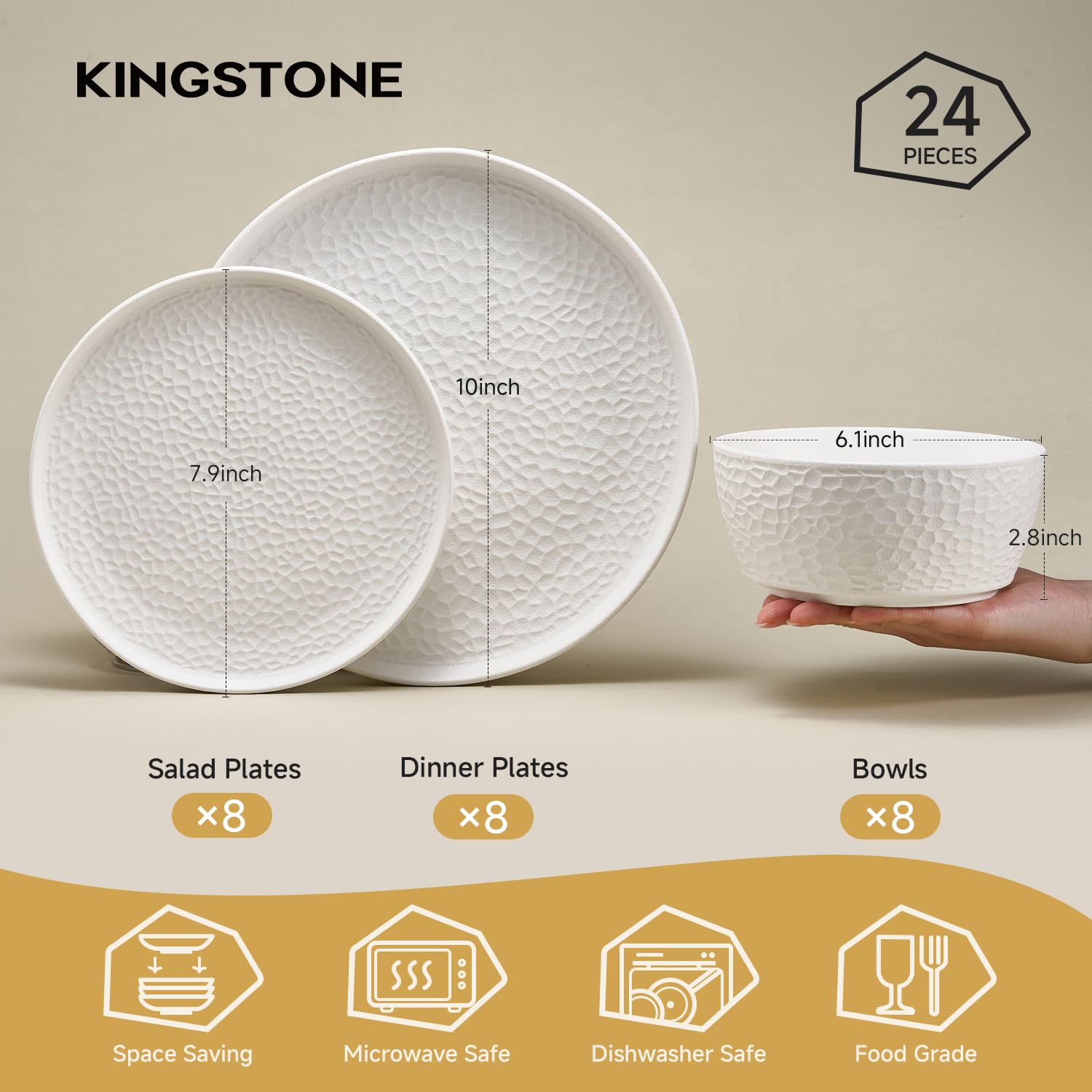 KINGSTONE Ceramic Dinnerware Set, 24-Piece Porcelain Plates and Bowls Set for 8, Matte Black or White, Hammered Texture, Microwave, Dishwasher & Oven Safe, Perfect for Home, Weddings & Gifts