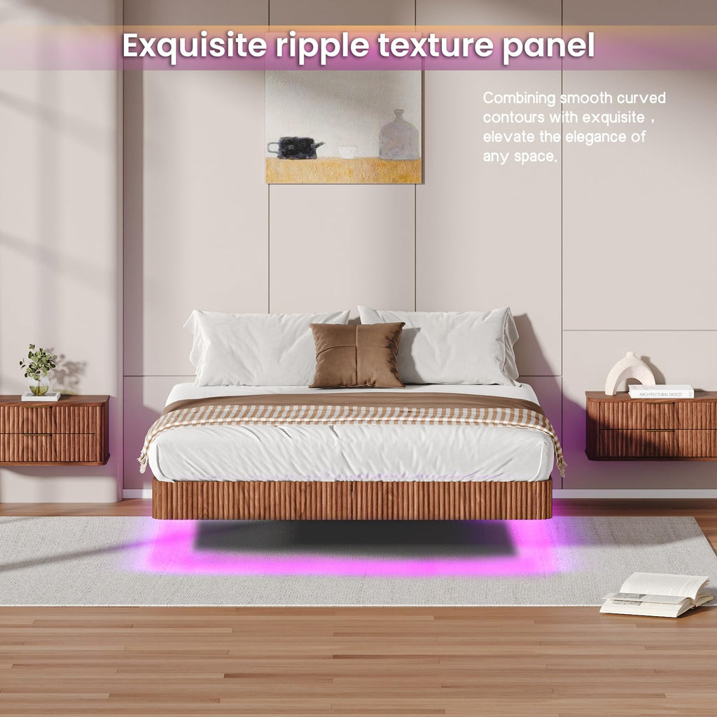 KEIKI Queen Size Floating Bed Frame with LED Lights, Wave Curve Wood Texture and Heavy Duty Metal Slats – Modern Queen Floating Bed Frame with Headboard – Walnut