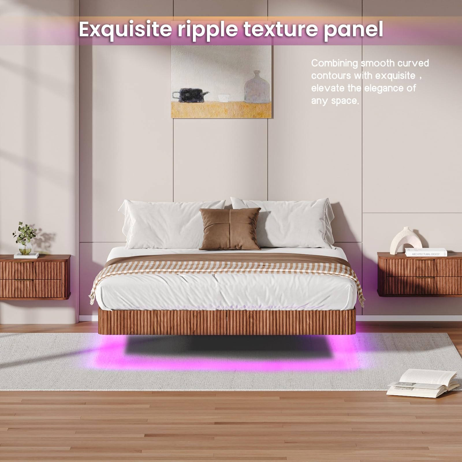 KEIKI Queen Size Floating Bed Frame with LED Lights, Wave Curve Wood Texture and Heavy Duty Metal Slats – Modern Queen Floating Bed Frame with Headboard – Walnut