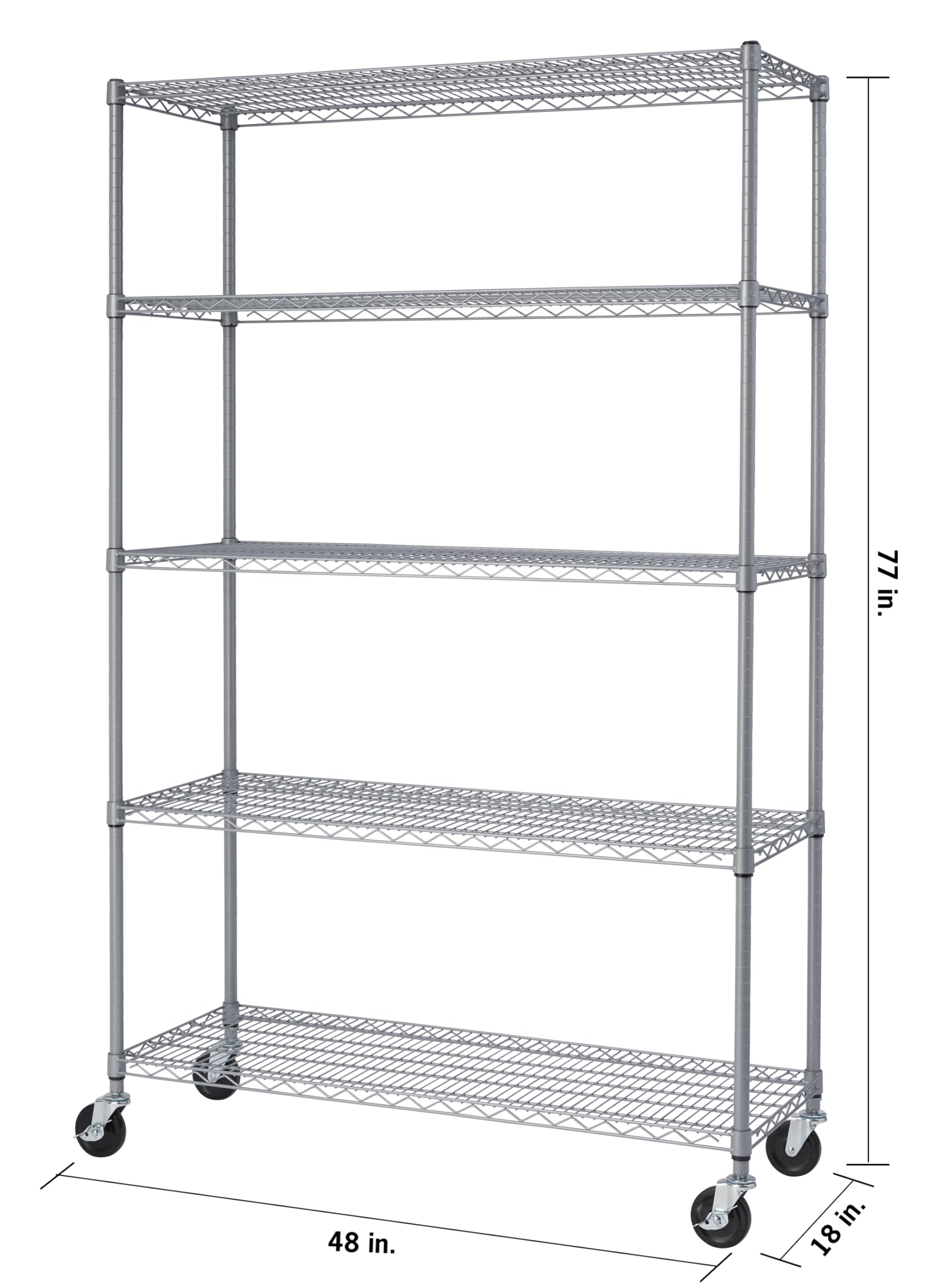 TRINITY EcoStorage Heavy Duty 5-Tier Adjustable Wire Shelving with Wheels for Outdoor Use, Garage Storage and More, NSF Certified, 800-4000 Lb Capacity, Gray, 48" W X 18" D X 72-77" H