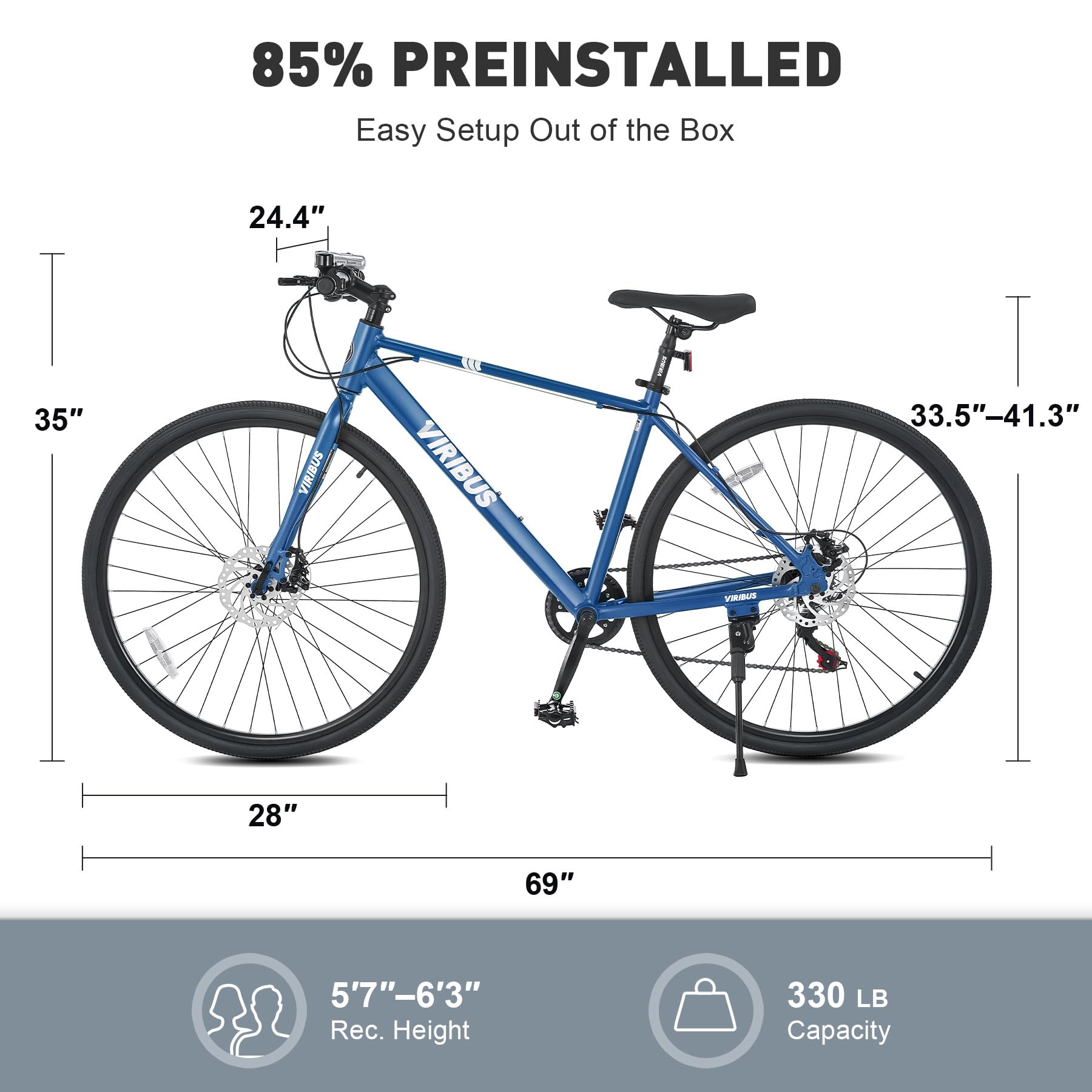 VIRIBUS Hybrid Bikes, 28 inch Road Bike for Tall Men, Lightweight Aluminum 700C City Bike Adults, 7 Speed Mens Commuter Bicycles, Hybrid Bicycle Men, Blue Large
