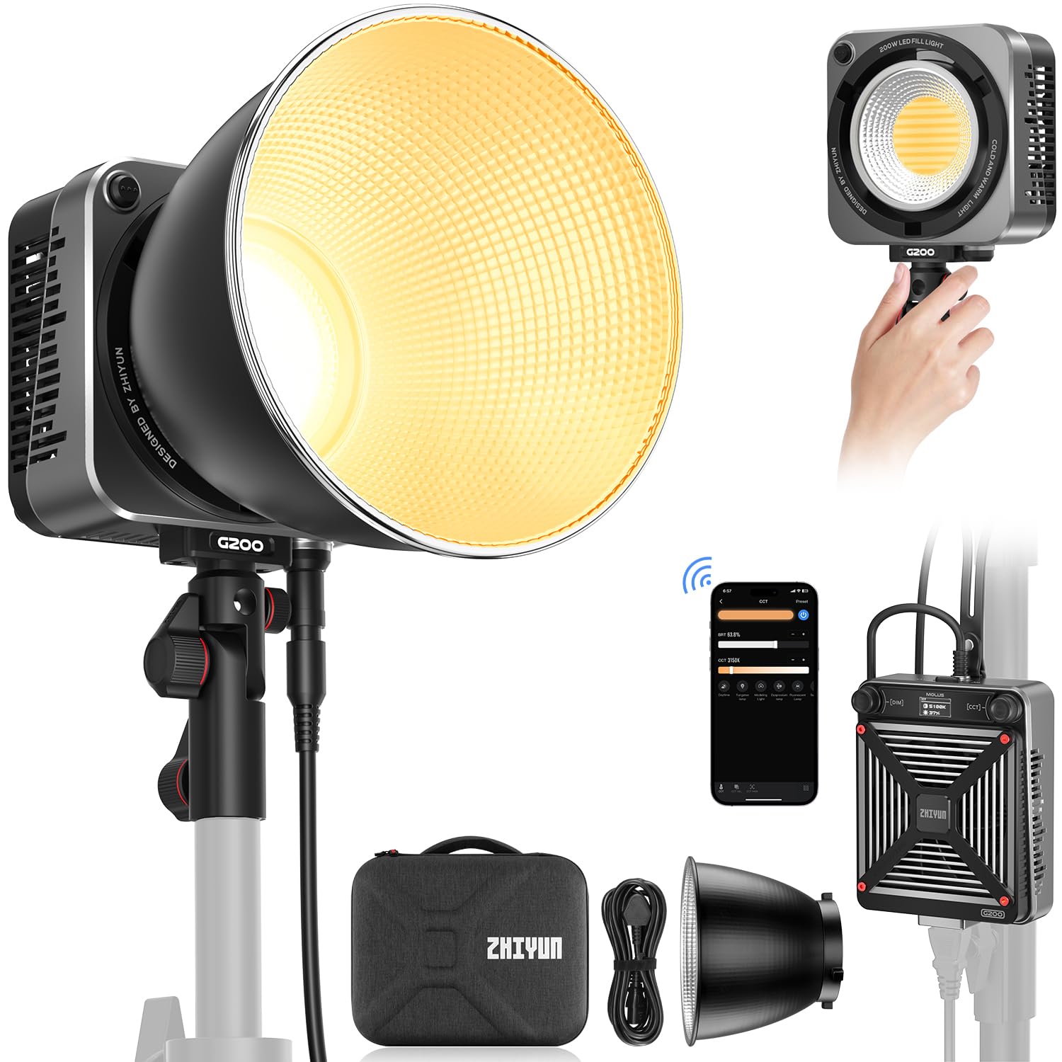 ZHIYUN Molus G200 [Official] 200W COB Video Light, Portable Continuous Output Lighting,2700-6500K 9460 lux@1m, LED Photography Lighting with Bowens Mount, APP Control, Ultra Quiet for Video Recording