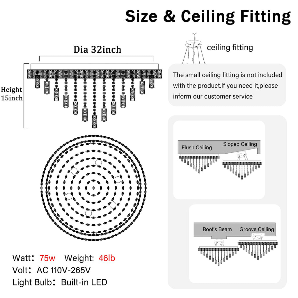 Dia 32" Modern Crystal Chandeliers LED Dimmable Living Room Chandelier Black Pendant Lighting Crystal Ceiling Light Fixture for Entrance Bedroom Hallway Foyer