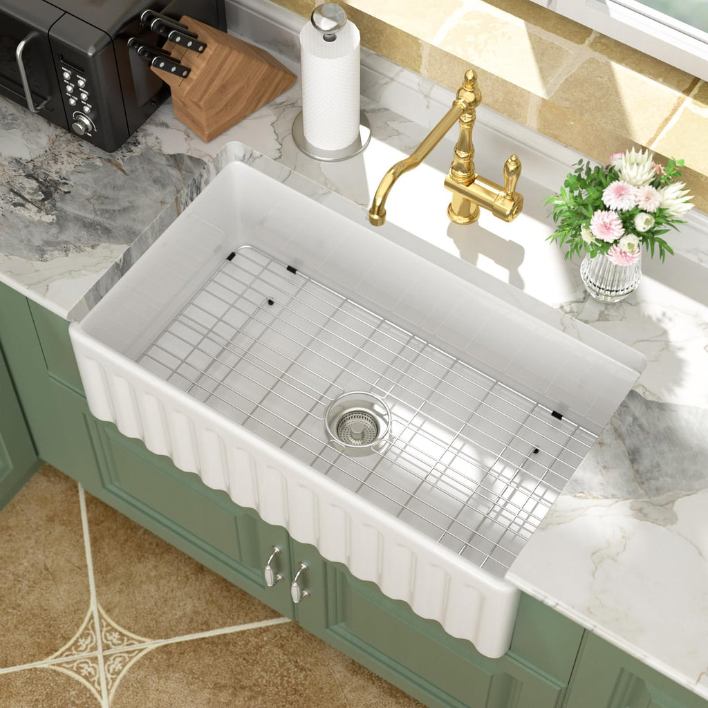 Logmey 33 In White Fireclay Farmhouse Sink with Pop-up Drain & Reversible Design 33x18x10 Durable Ceramic Apron Front Sinks,Easy to Clean,Scratch & Heat Resistant,Ideal for Traditional & Country Style