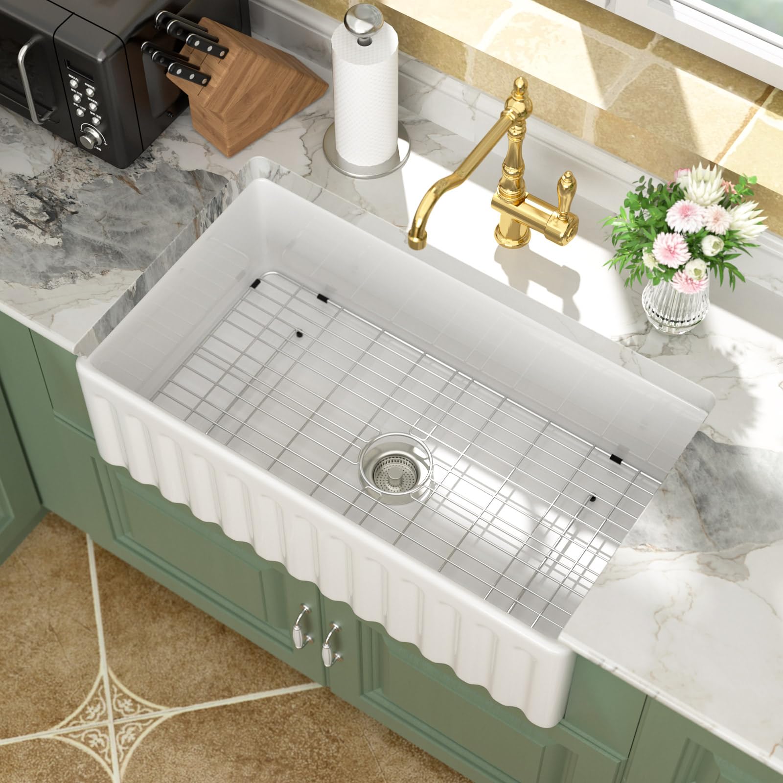 Logmey 33 In White Fireclay Farmhouse Sink with Pop-up Drain & Reversible Design 33x18x10 Durable Ceramic Apron Front Sinks,Easy to Clean,Scratch & Heat Resistant,Ideal for Traditional & Country Style