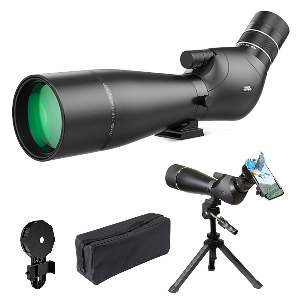 Three Triping Dual Focusing ED Spotting Scope, 20-60x80 Spotting Scopes with Phone Adapter, Tripod & Carrying Case, BAK4 Ultra High Definition, IPX7 Waterproof Fogproof for Bird Watching