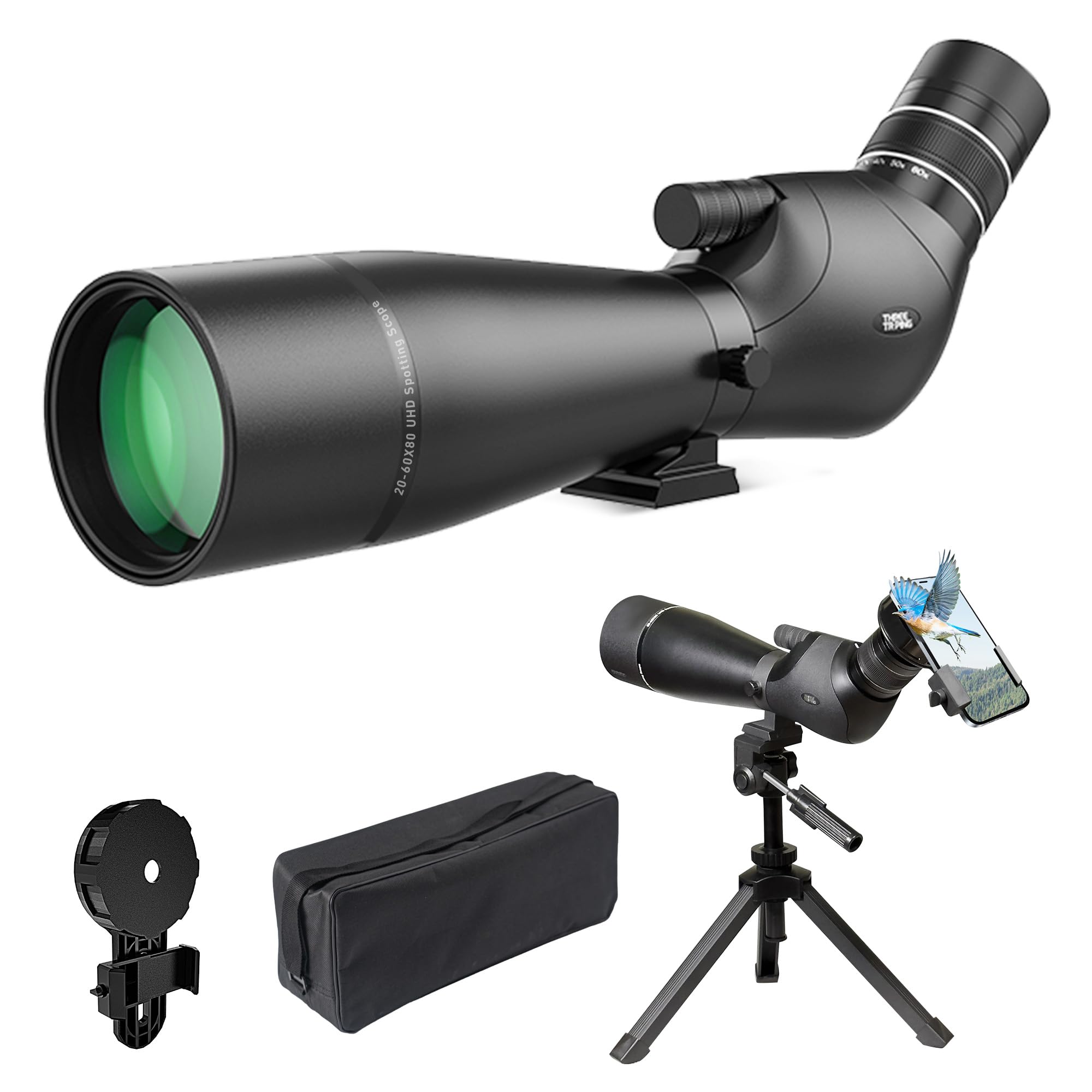 Three Triping Dual Focusing ED Spotting Scope, 20-60x80 Spotting Scopes with Phone Adapter, Tripod & Carrying Case, BAK4 Ultra High Definition, IPX7 Waterproof Fogproof for Bird Watching