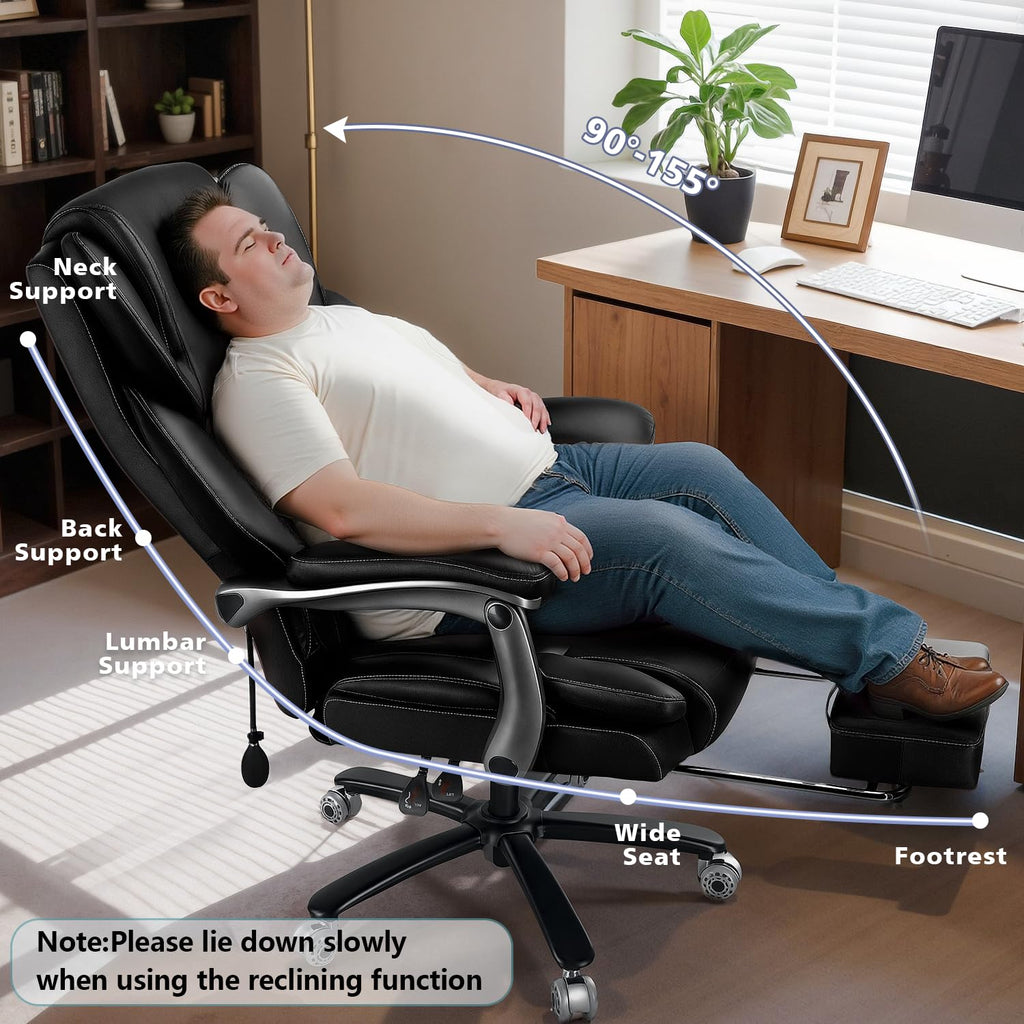 600lbs Big and Tall Office Chair for Heavy People,Heavy Duty Comfy Executive Office Desk Chair with Adjustable Lumbar Support,High Back Reclining PU Leather Computer Chair,Metal Base (Classic, Black)
