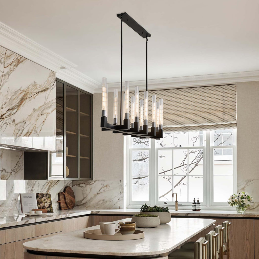 Black Farmhouse Dining Room Chandelier: 54" Modern Linear Rectangle Dining Room Light Fixture - Long Glass Metal Pendant Chandeliers for Kitchen Island - Large Lighting over Kitchen Table Living Rooms