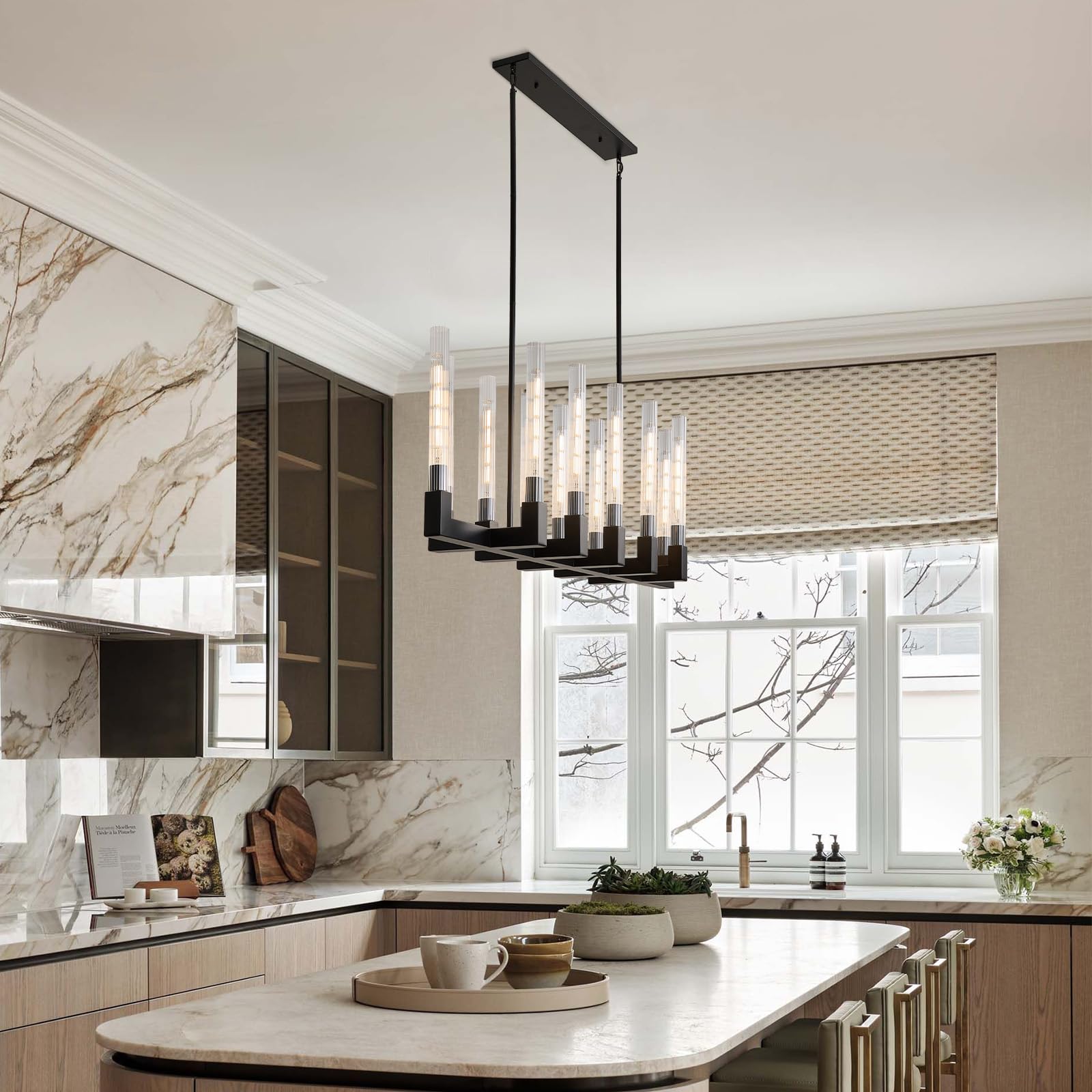Black Farmhouse Dining Room Chandelier: 54" Modern Linear Rectangle Dining Room Light Fixture - Long Glass Metal Pendant Chandeliers for Kitchen Island - Large Lighting over Kitchen Table Living Rooms