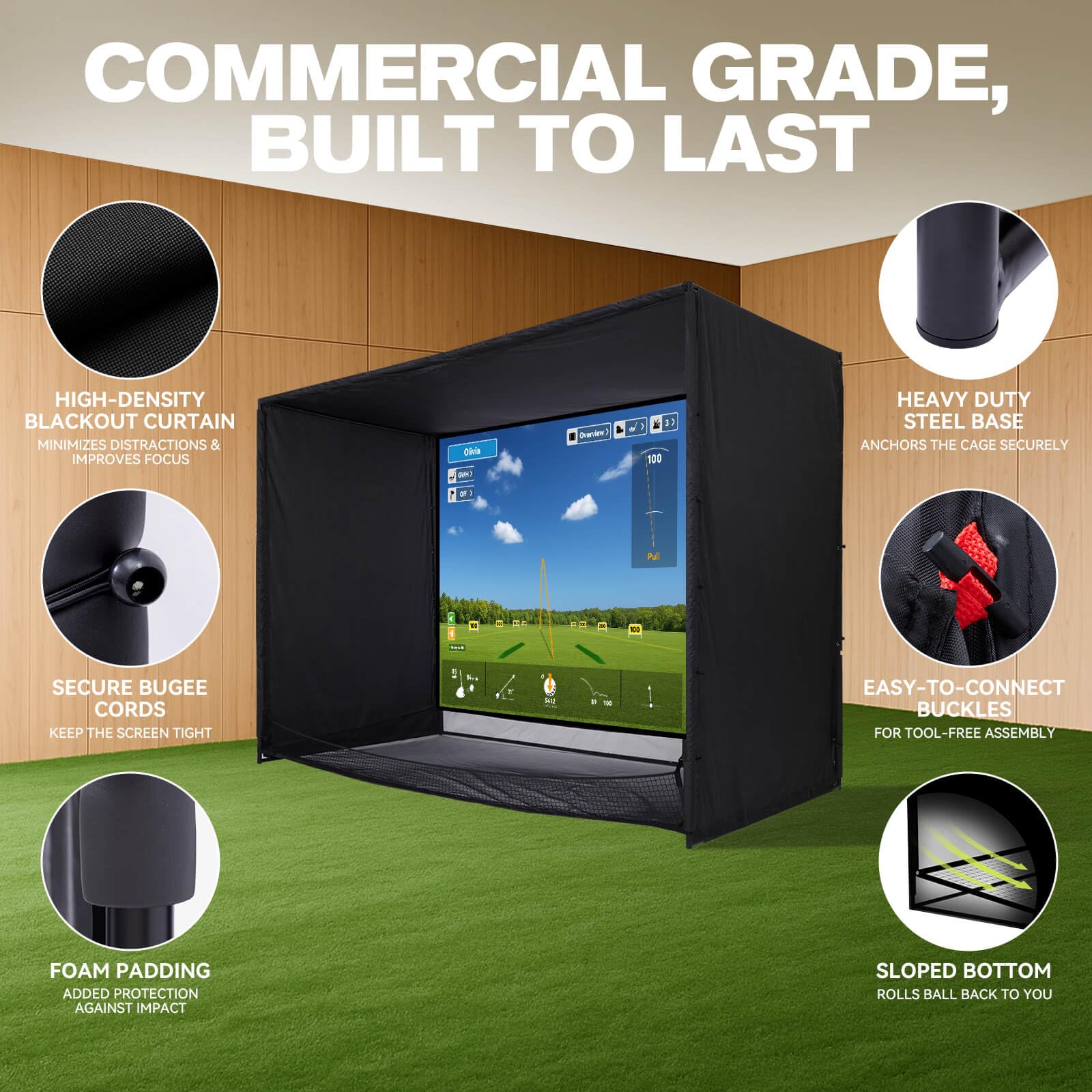 ZEALFEEL Golf Simulator Enclosure, 11x8FT Golf Net with HD Impact Screen & Side Barriers – Dual-Layer Impact Screen, Foam-Padded Frame, Indoor Cage Net for Home Garage Studio
