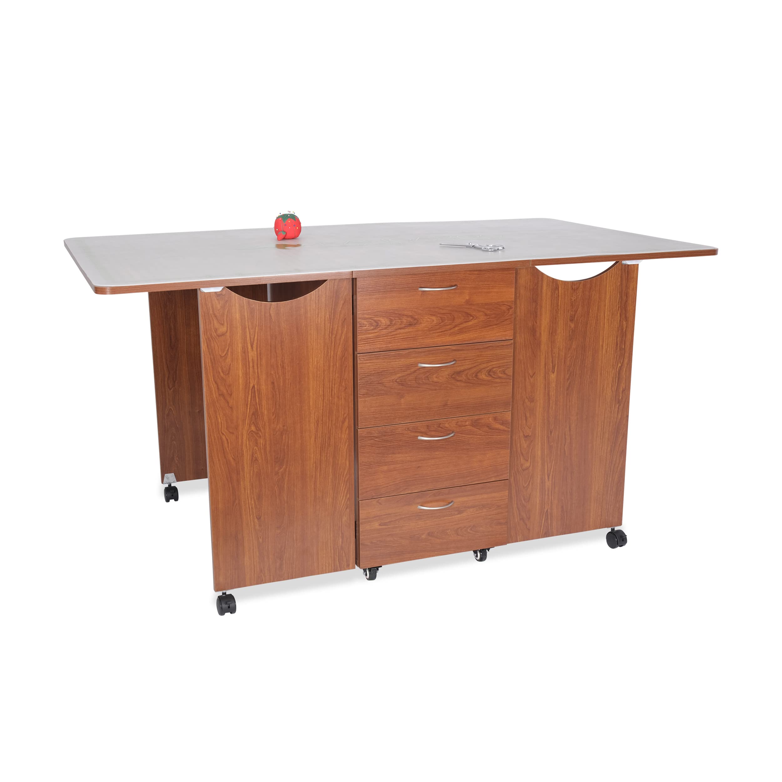 Kangaroo Kookaburra Cutting Table – Large Sewing, Quilting & Craft Workstation with Expandable 70” x 40” Surface, Storage Drawers, Shelves & Rolling Locking Casters, Teak Finish