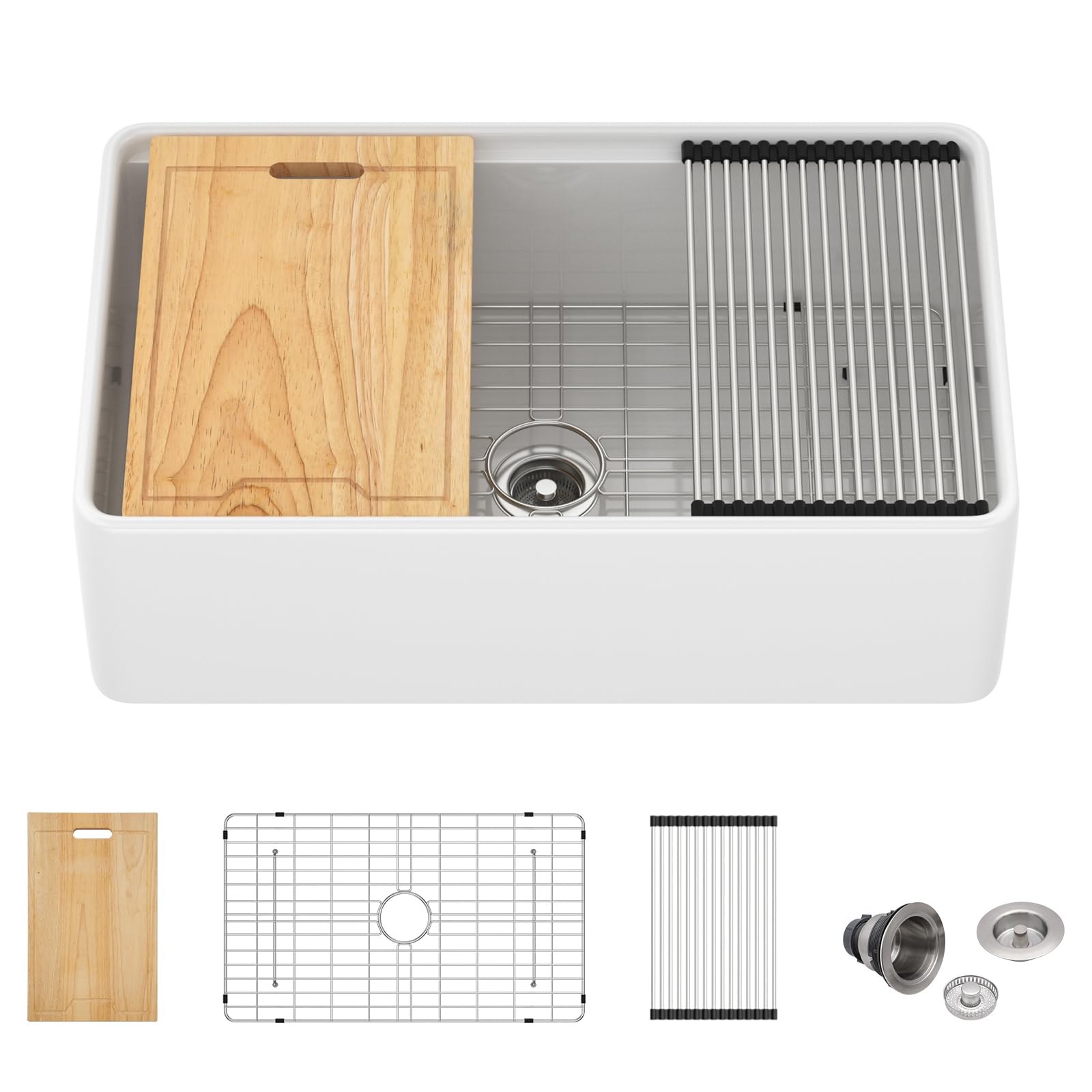 GhomeG 30 White Farmhouse Sink 30x20x10 Inch White Fireclay Apron Front Kitchen Sink Single 10 Inch Deep Ceramic Farm Farmer Style Workstation Basin