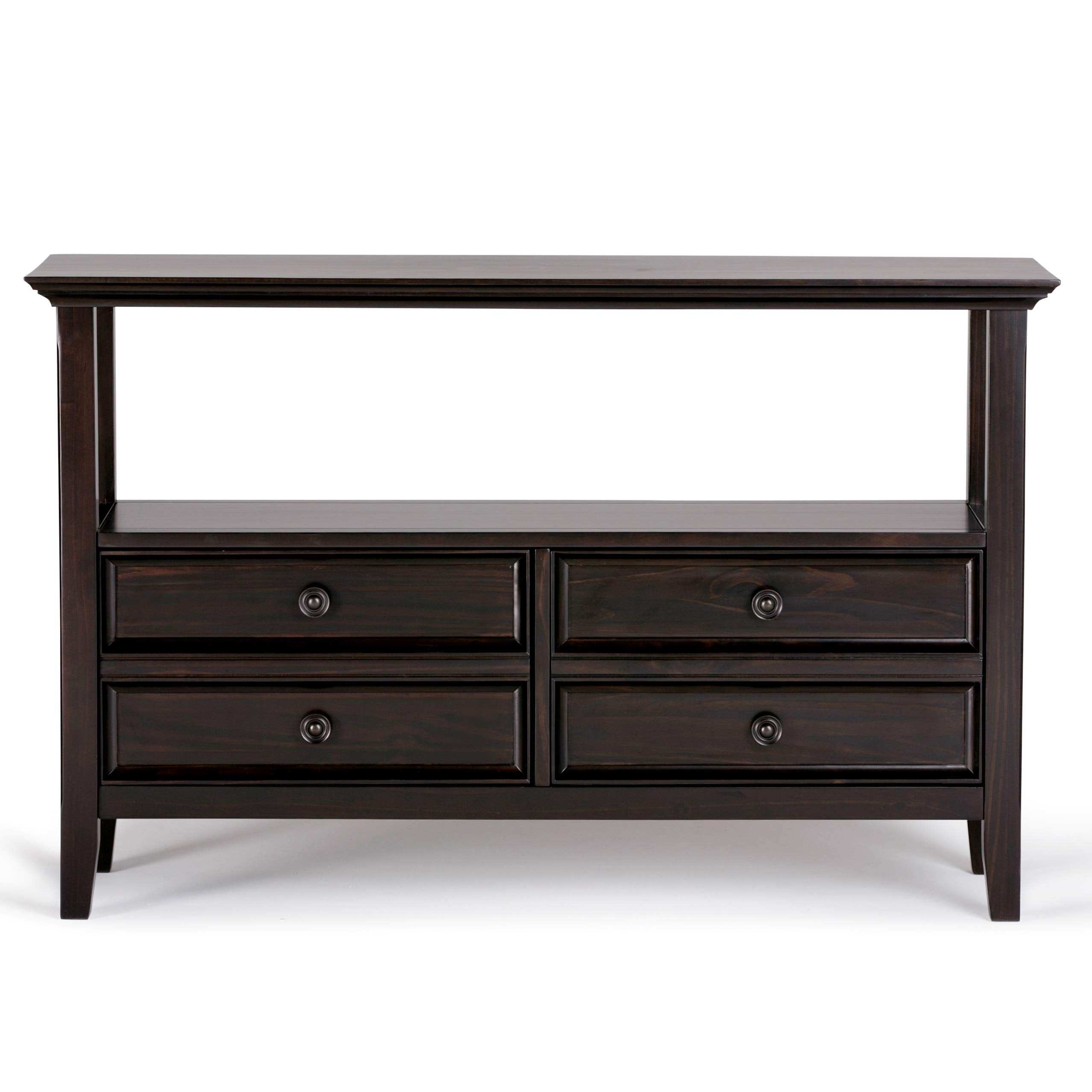 SIMPLIHOME Amherst Console Table - 48 Inch Wide Solid Wood Sofa Table in Hickory Brown, Transitional Storage Table for Entryway or Living Room with 2 Deep Drawers and Large Open Shelf