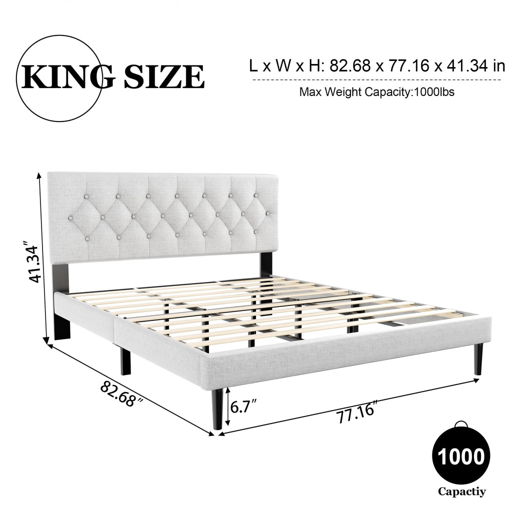 HAOARA King Size Platform Bed Frame with Upholstered Button Tufted Headboard, Mattress Foundation with Wooden Slat Support, Noise Free, No Box Spring Needed, Easy Assembly, Light Grey