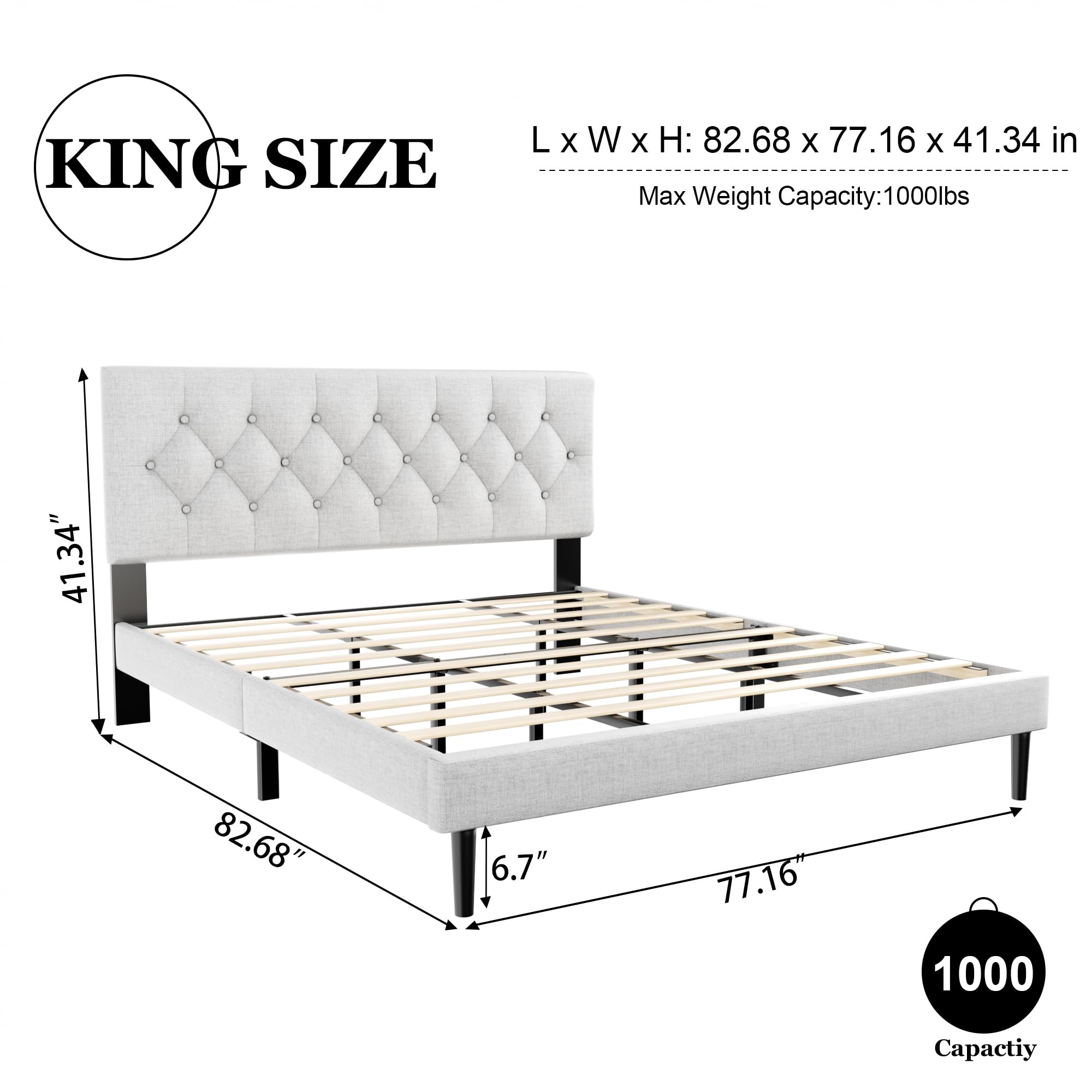 HAOARA King Size Platform Bed Frame with Upholstered Button Tufted Headboard, Mattress Foundation with Wooden Slat Support, Noise Free, No Box Spring Needed, Easy Assembly, Light Grey