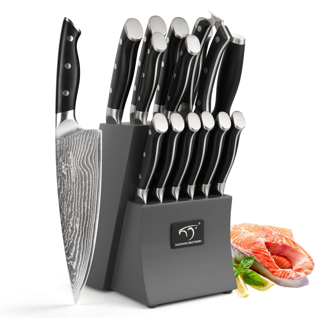 Damascus Kitchen Knife Set, 15-Piece Kitchen Knife Set with Block, ABS Ergonomic Handle for Chef Knife Set and Serrated Steak Knives Knife Sharpener and Kitchen Shears, 14 Slots Wooden Knife Block